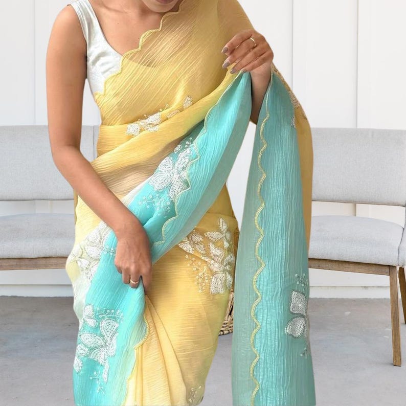Floral Embroidered Crush Saree: Lightweight Sequin Partywear