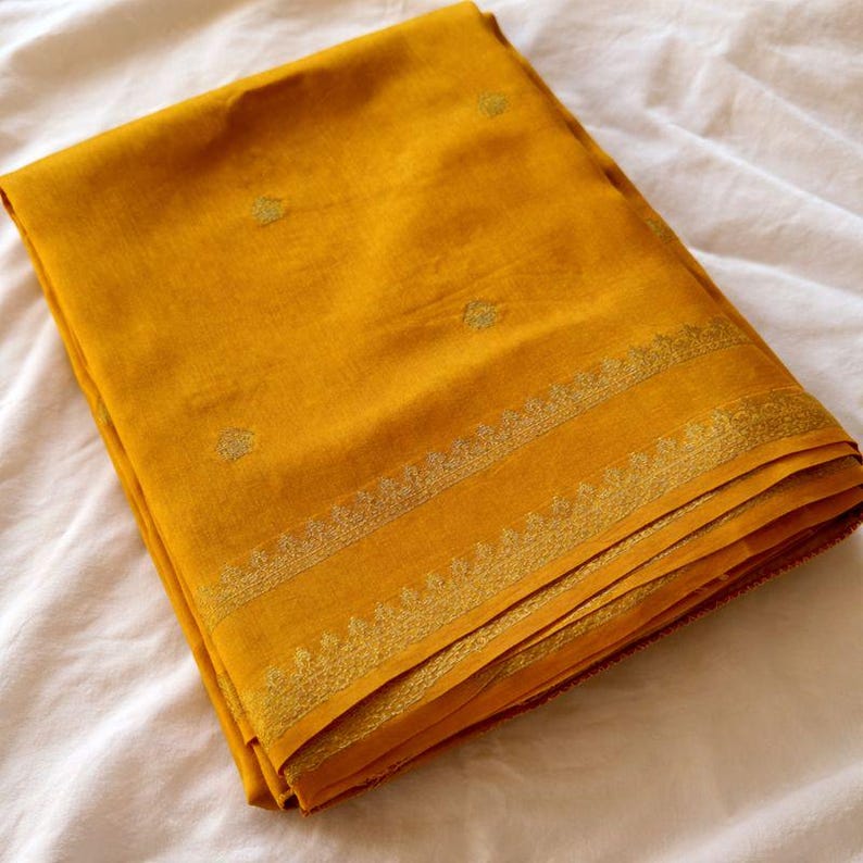 Marigold Yellow Crepe Saree | Zari Border & Butti | Lightweight Wedding Festive Saree (Fall and Pico Included, Ships USA)