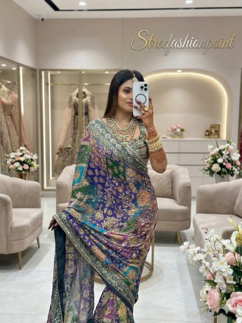 Chinon Silk Saree with Mirror Work, Designer Printed Indian Saree with Zari Embroidery Blouse, Wedding Party Wear Ethnic Saree