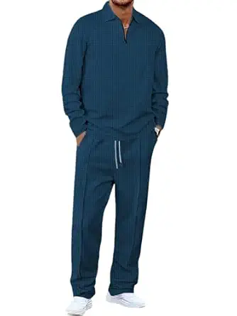 Men’s Waffle-Check Co-Ord Set | Self-Textured Collar Top | Drawstring Jogger Pants | Cotton-Blend Loungewear/Night-Suit | Casual Travel & Streetwear Two-Piece