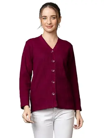 Women's Woolen V-Neck Buttoned Full Sleeve Cardigan Self Design Soft Wool Fabric Winter Wear Pure Wool Sweater with Pockets Stylish Outdoor and Office Wear Girls