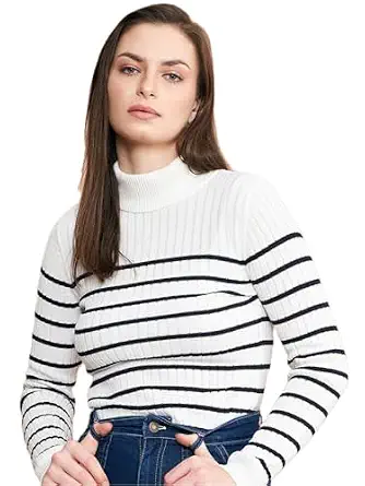 98 Degree Women Pure Cotton High Neck Sweater Has A Full Sleeve & Straight Hem-AW25AZG1142-NAVY